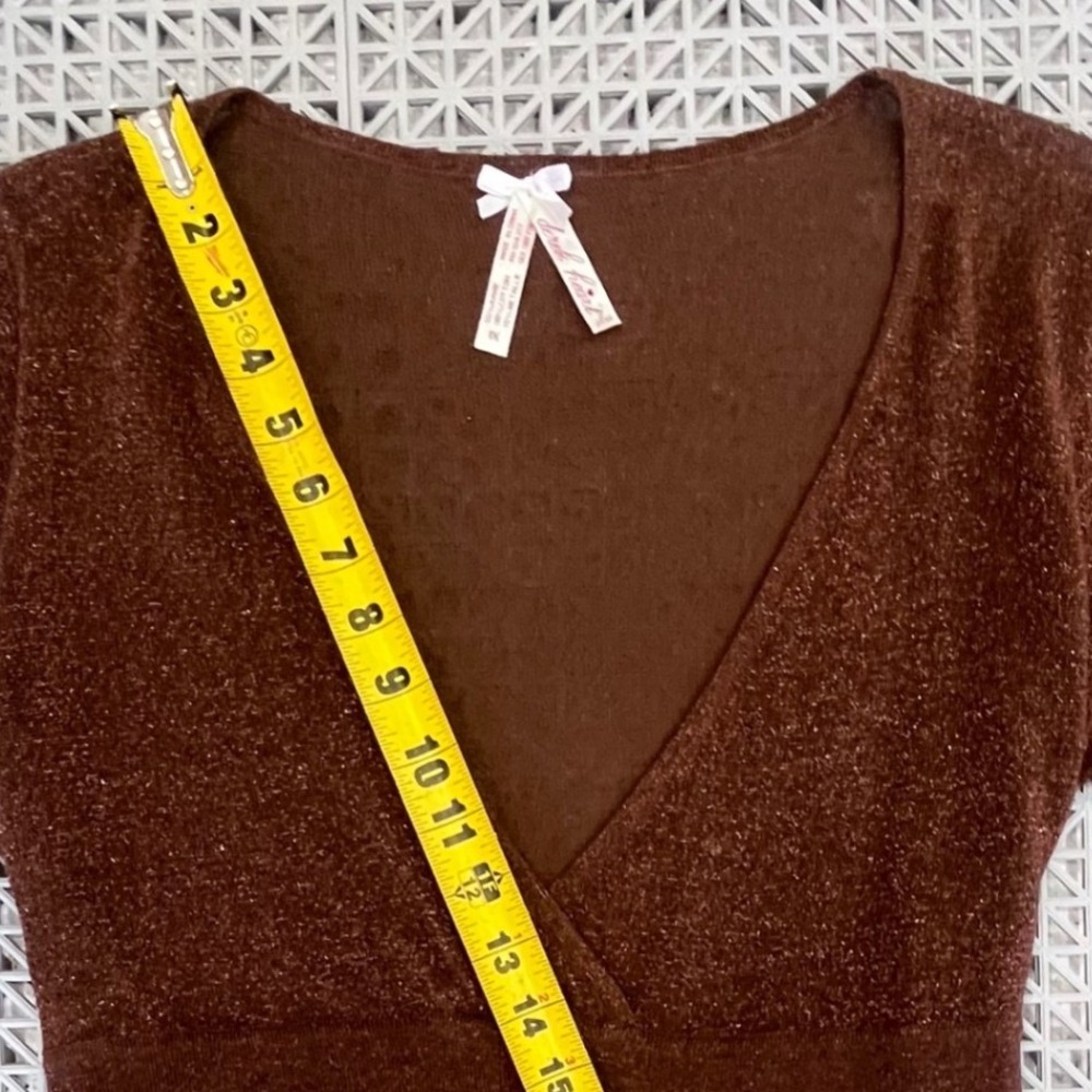 Y2K Derek Heart Plus Wrap Top Womens 1X Brown Metallic Empire Waist Bubble Slv - Picture 10 of 10